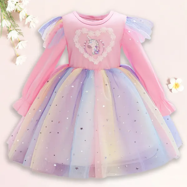 【2Y-10Y】Sweet Cartoon Unicorn Rainbow Mesh Dress - Thefolls.com 