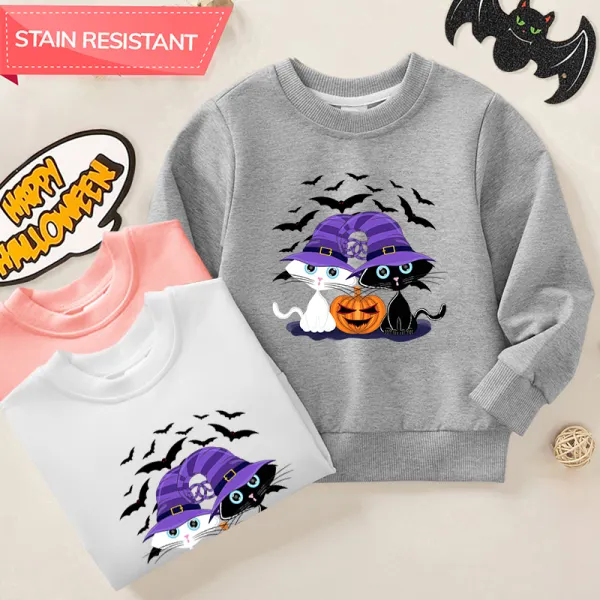 【12M-9Y】Kids Halloween Pumpkins And Cats And Bats Print Cotton Stain Resistant Long Sleeve Sweatshirt - Thefolls.com 