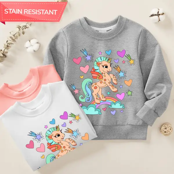 【12M-9Y】Girl Cotton Stain Resistant Rainbow Unicorn Print Long Sleeve Sweatshirt - Thefolls.com 