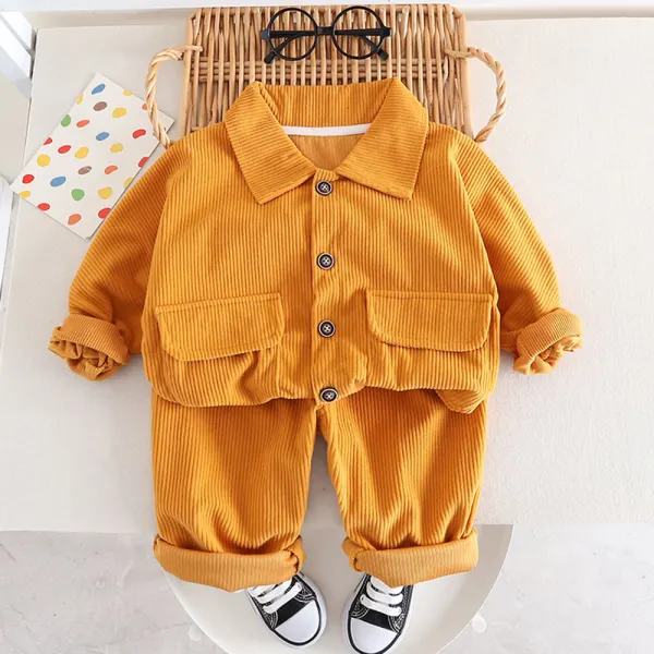 【12M-5Y】2-piece Boy Casual Corduroy Solid Color Lapel Jacket And Pants Set - Thefolls.com 