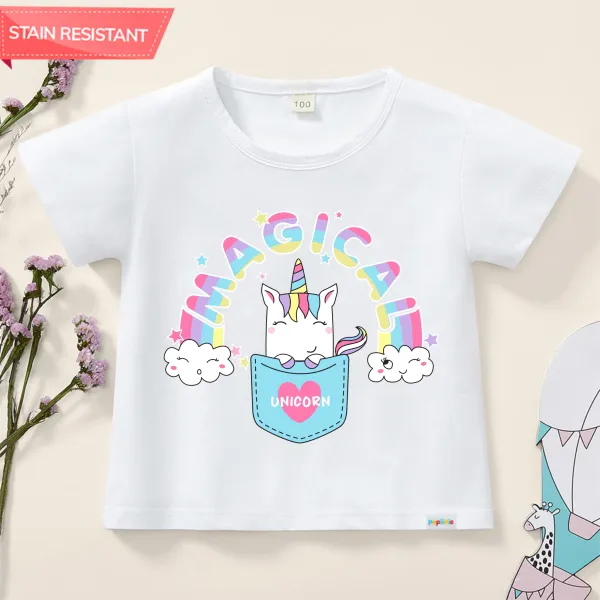 【12M-9Y】Girl Cute Cotton Stain Resistant Rainbow Unicorn Print Short Sleeve Tee - Thefolls.com 