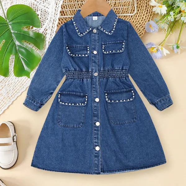 【18M-6Y】Girls Fashion White Beaded Blue Denim Dress - Thefolls.com 