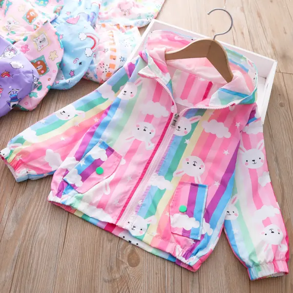 【2Y-8Y】Girls Fashion Cartoon Unicorn And Bunny And Flower Print Hooded Jacket - Thefolls.com 