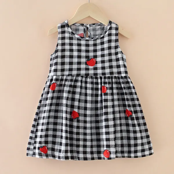 【6M-7Y】Girls Flower And Strawberry Print Sleeveless Dress - Thefolls.com 