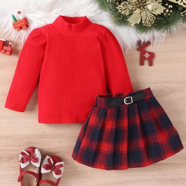 【12M-5Y】2-piece Girl Cute Red Long Sleeve T-shirt And Plaid Pleated Skirt Set - Thefolls.com 