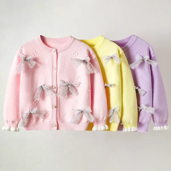 【2Y-7Y】Girls Sweet Mesh Bow Round Neck Long Sleeve Sweater Cardigan - Thefolls.com 