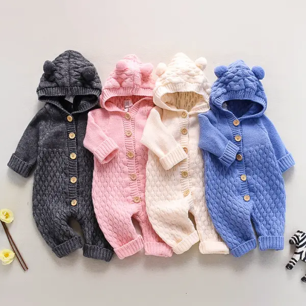 【3M-24M】Baby Cute Hooded Long-sleeved Knit One-piece Romper - Thefolls.com 