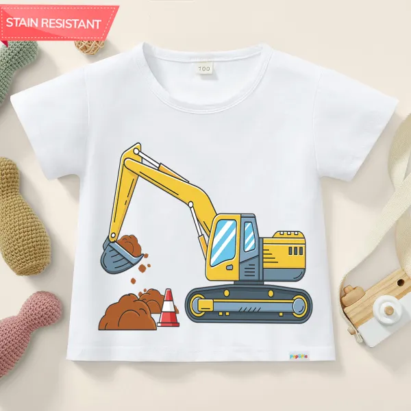 【12M-9Y】Boys Excavator Print Cotton Stain Resistant Short Sleeve T-shirt - Thefolls.com 