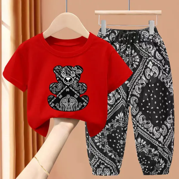 【18M-9Y】2-piece Boys Bear Print Short-sleeved T-shirt And Pants Set - Thefolls.com 