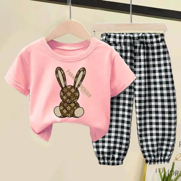 【18M-9Y】2-piece Girls Bunny Print Short-sleeved T-shirt And Plaid Pants Set - Thefolls.com 