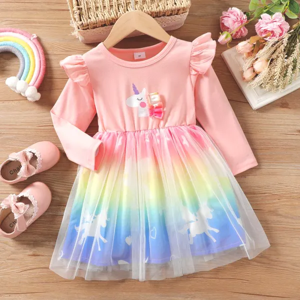 【18M-6Y】Girl Sweet Unicorn Print Panel Rainbow Mesh Dress - Thefolls.com 