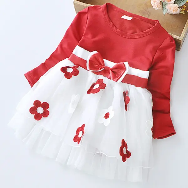 【12M-5Y】Girls Floral Embroidered Mesh Long Sleeve Dress - Thefolls.com 