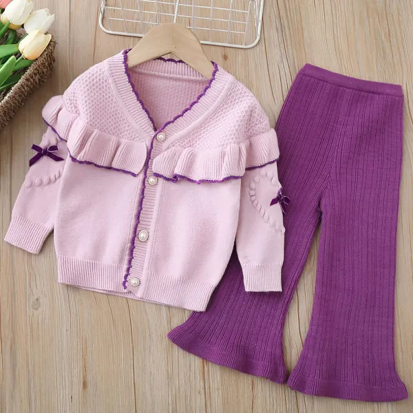 【18M-6Y】2-piece Girls Bow Sweater Cardigan And Pants Set - Thefolls.com 