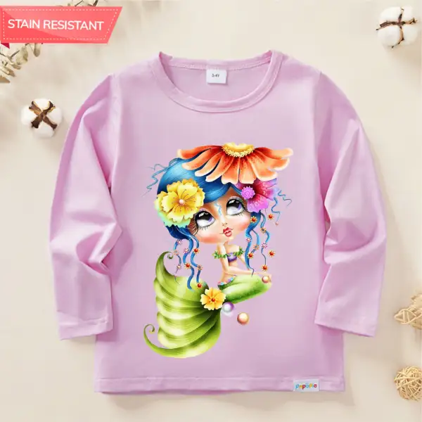 【12M-9Y】Girl Cute Mermaid Print Cotton Stain Resistant Long Sleeve T-shirt - Thefolls.com 