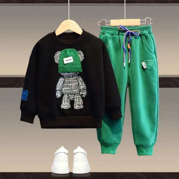 【18M-13Y】Unisex Casual Cartoon Bear Print Sweatshirt And Pants Set - 9204 - Thefolls.com 