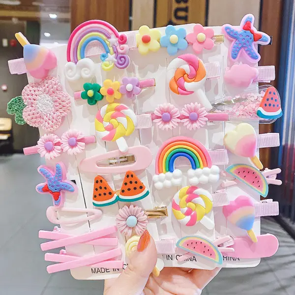 14-piece Girl Cute Flower Rainbow Unicorn Cartoon Hair Clips Set - 5402 - Thefolls.com 