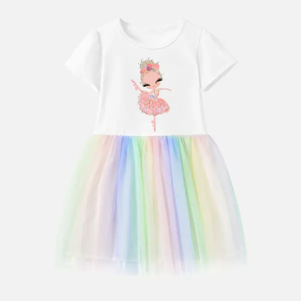 【12M-7Y】Girl Cartoon Ballet Girl Print Cotton Stain Resistant Cartoon Splicing Tulle Short Sleeve Dress - Thefolls.com 