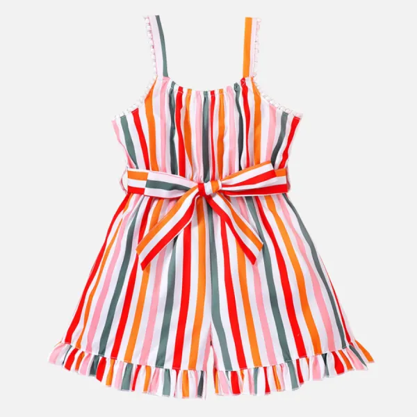 【18M-7Y】Girl Sweet Colorful Striped Suspenders Jumpsuit Shorts - Thefolls.com 