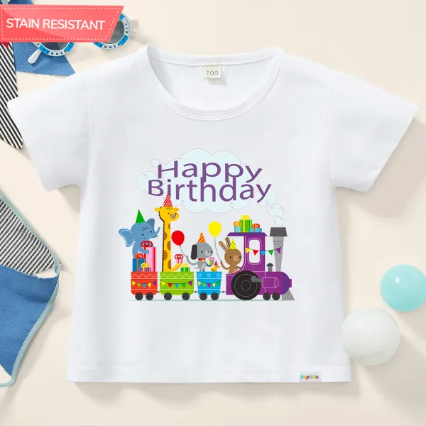 【12M-9Y】Kids Cute Happy Birthday Letters And Cartoon Animal Print Cotton Stain Resistant Short Sleeve T-shirt - Thefolls.com 