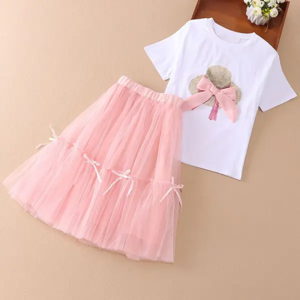 【4Y-12Y】2-piece Girls Fashion Bow Hat Print Short-sleeved T-shirt And Mesh Skirt Set - Thefolls.com 