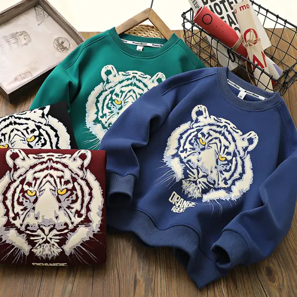 【3Y-12Y】Boys Stylish Tiger And Letter Print High Quality Cotton Sweatshirt - Thefolls.com 