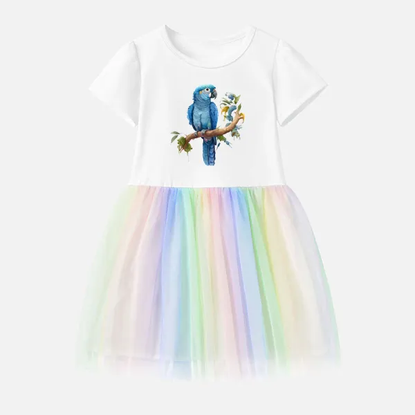 【12M-7Y】Girl Cotton Stain Resistant Bird Print Splicing Tulle Short Sleeve Dress - Thefolls.com 