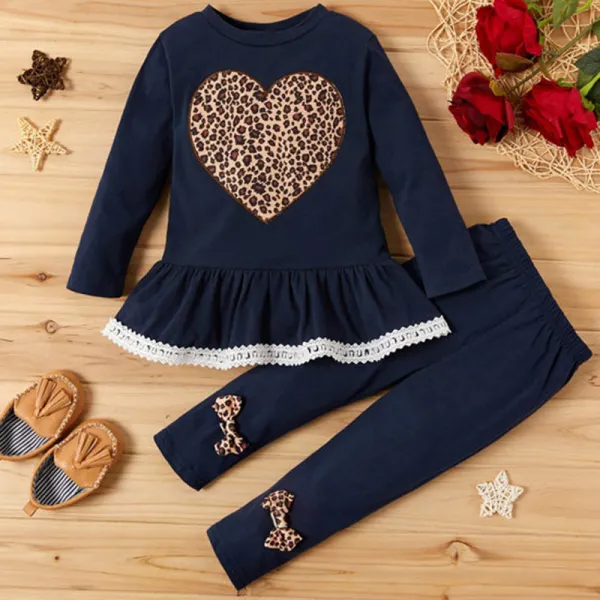 【18M-7Y】2-piece Girls Leopard Embroidered Long Sleeve T-shirt And Leggings Set - Thefolls.com 