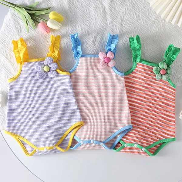 【3M-24M】Baby Girl Striped Applique Sling Romper - Thefolls.com 