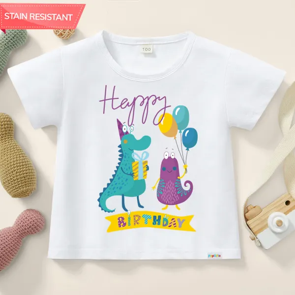 【12M-9Y】Kids Cotton Stain Resistant Happy Birthday Short Sleeve Tee - Thefolls.com 