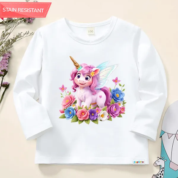 【12M-9Y】Girl Flower And Unicorn Print Cotton Stain Resistant Long Sleeve T-shirt - Thefolls.com 