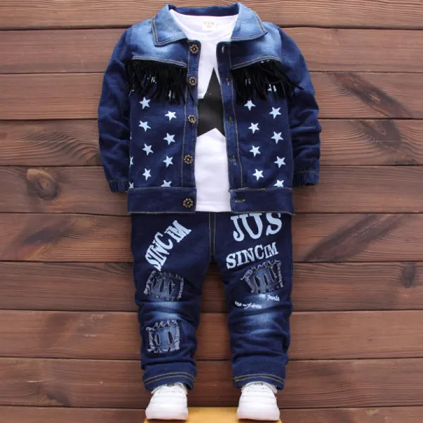 【12M-4Y】Boys Casual Denim Star Pattern Jacket T-shirt Pants Three-piece Set - Thefolls.com 