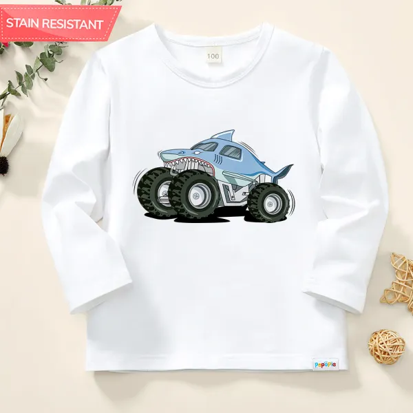 【12M-9Y】Boys Shark Truck Print Cotton Stain Resistant Long Sleeve T-shirt - Thefolls.com 