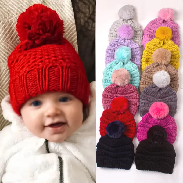 Baby Cute Fur Ball Knitted Hat - Thefolls.com 