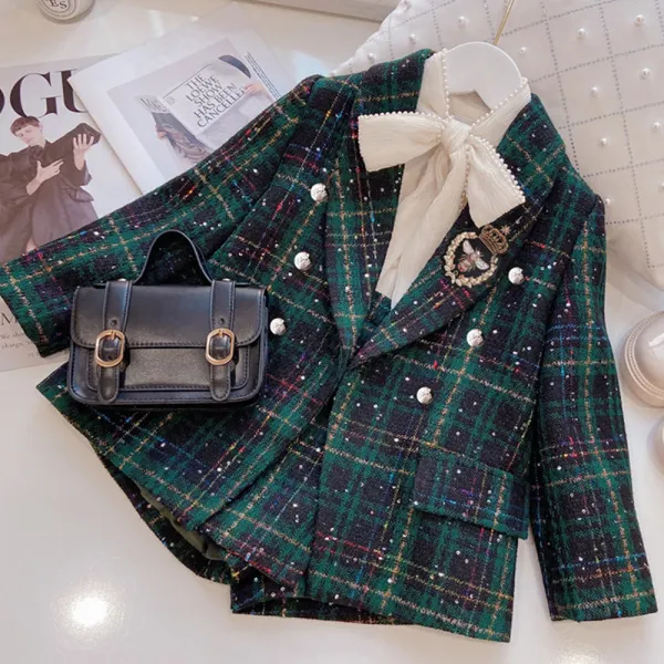 【18M-9Y】2-piece Girls Green Plaid Tweed Blazer And Shorts Set (Shirts Not Included) - 3145 - Thefolls.com 