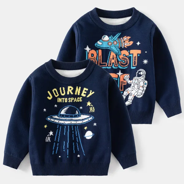 【18M-6Y】Boys Spaceships And Astronauts Jacquard Round Neck Long Sleeve Navy Sweater - Thefolls.com 