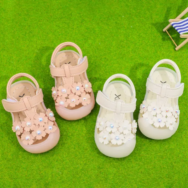 Girls Cute Pearl Flower Comfortable Soft Sole PU Sandals - Thefolls.com 