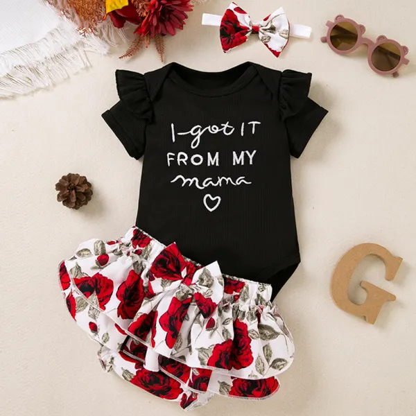 【0M-18M】2-piece Baby Girl Black Letter Embroidered Short-sleeved Romper And Floral Shorts Set With Hairband - Thefolls.com 