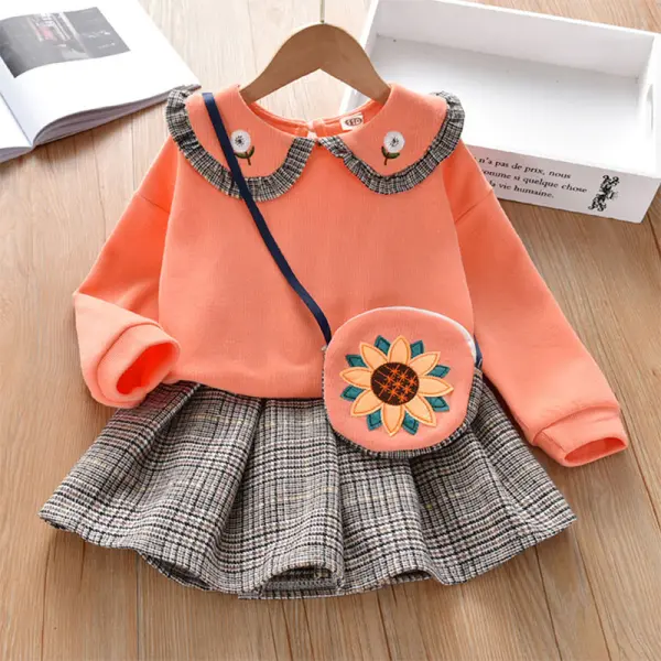 【18M-7Y】Girl 3-piece Doll Collar Sweatshirt And Plaid Pleated Skirt Set With Bag - 34157 - Thefolls.com 