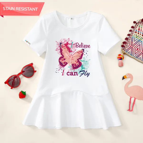 【18M-9Y】Girl Stain Resistant Cotton Butterfly And Letters Print Short-sleeved Dress - Thefolls.com 