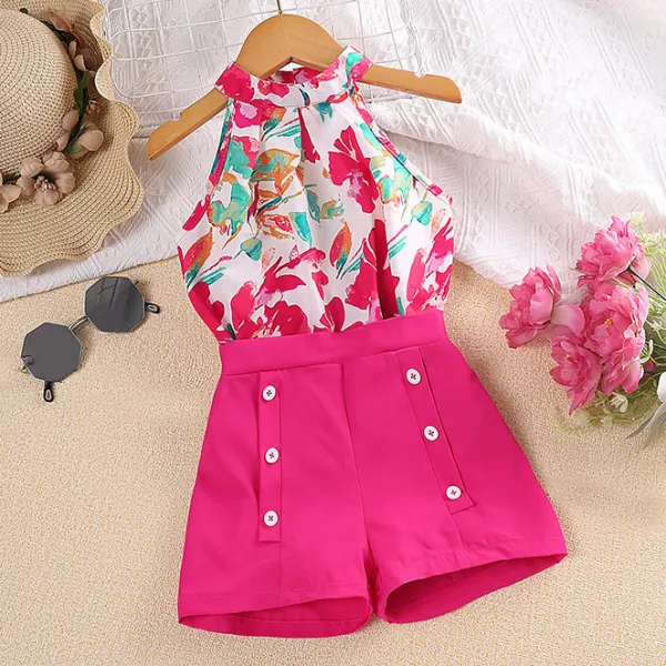 【3Y-7Y】2-piece Girls Fashion Flower Print Halter Neck Top And Shorts Set - 34370 - Thefolls.com 