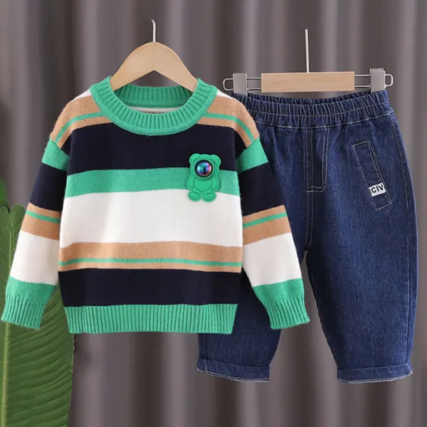 【18M-6Y】2-piece Boys Casual Striped Long-sleeved Sweater And Jeans Set - Thefolls.com 