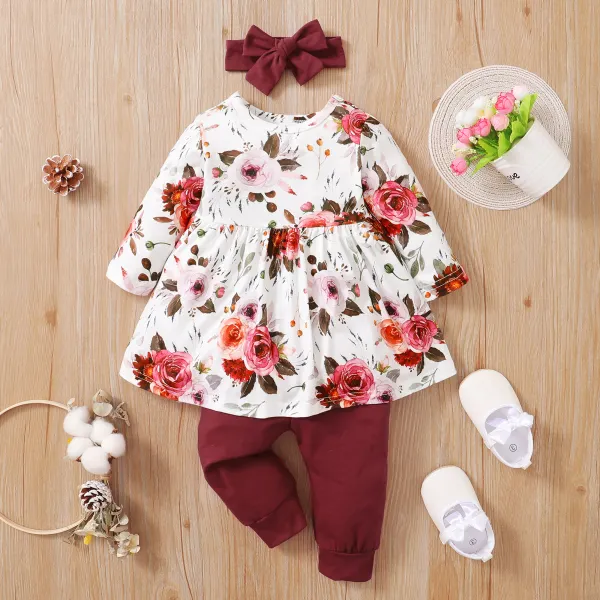 【3M-24M】3-piece Baby Girl Cute Flower Print T-shirt And Pants Set With Hairband - Thefolls.com 