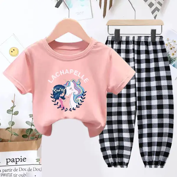 【18M-9Y】2-piece Girls Unicorn Print Short-sleeved T-shirt And Plaid Pants Set - Thefolls.com 