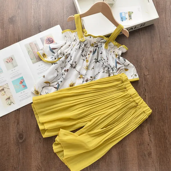 【18M-8Y】2-piece Girls Sweet Floral Print Off-the-Shoulder Top And Yellow Pants Set - Thefolls.com 