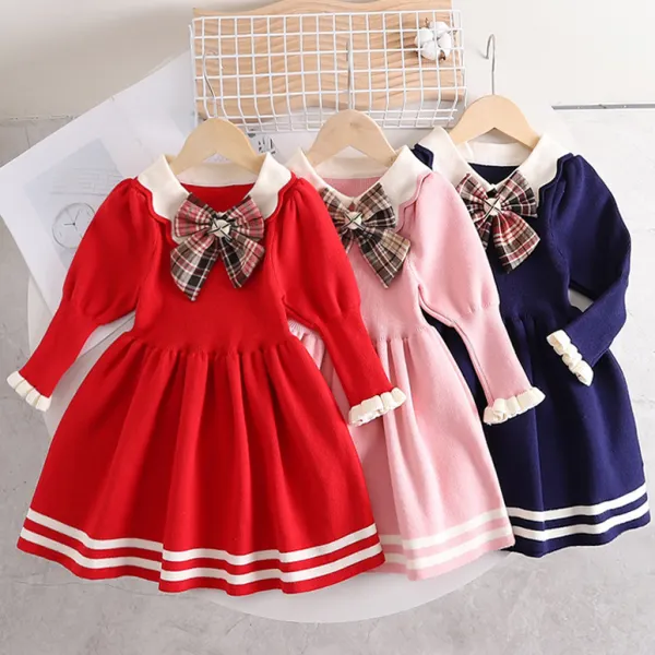 【3Y-10Y】Girls Fashion Plaid Bow Lapel Long Sleeve Sweater Dress - Thefolls.com 