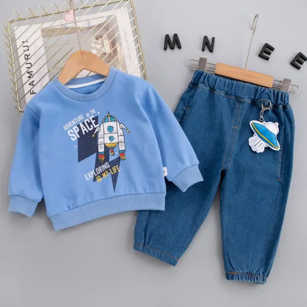 【9M-4Y】2-piece Boys Space Print Long Sleeve Sweatshirt And Jeans Set - Thefolls.com 