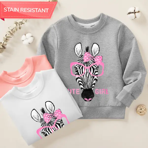 【12M-9Y】Girl Cotton Stain Resistant Zebra With Glasses Print Long Sleeve Sweatshirt - Thefolls.com 