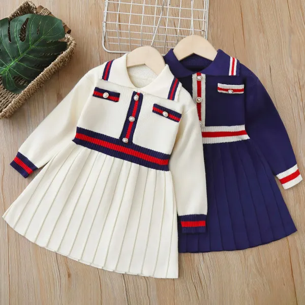 【18M-6Y】Girls Fashion Striped Patchwork Lapel Long Sleeve Dress - Thefolls.com 