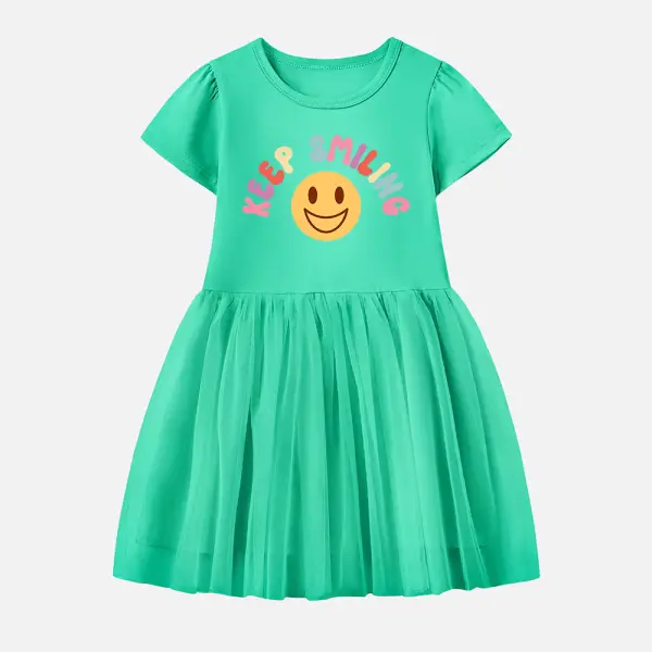 【12M-7Y】Girl Cotton Stain Resistant Smiley Print Splicing Tulle Short Sleeve Dress - Thefolls.com 