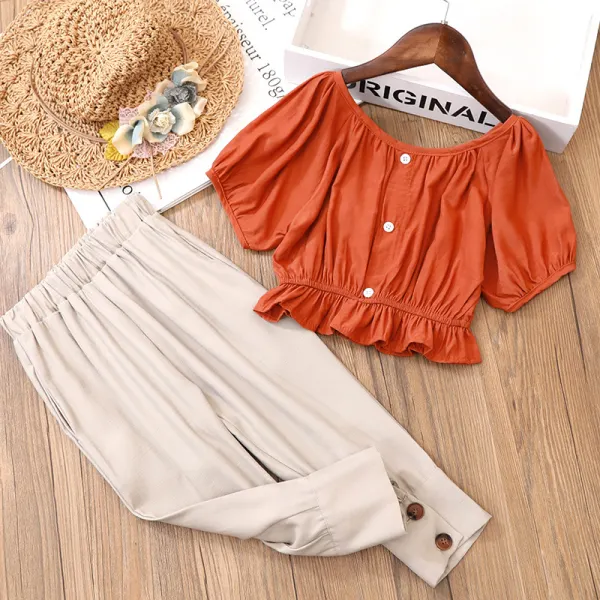 【2Y-13Y】2-piece Girls Elegant Brown Top And Pants Set - 34165 - Thefolls.com 